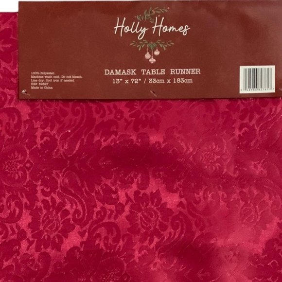 Christmas Silky Damask Table Runner Holly Homes Holiday Red Tassels 13” x 72 in - Picture 7 of 11